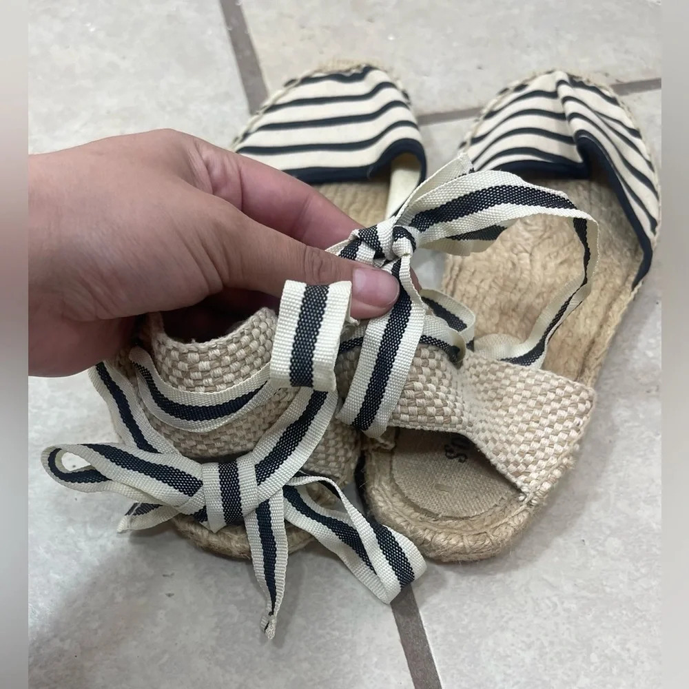 Soludos Cream Black Striped Nautical Strappy Ankle Tie Espadrilles Flats Sz 9.5 - Picture 10 of 13